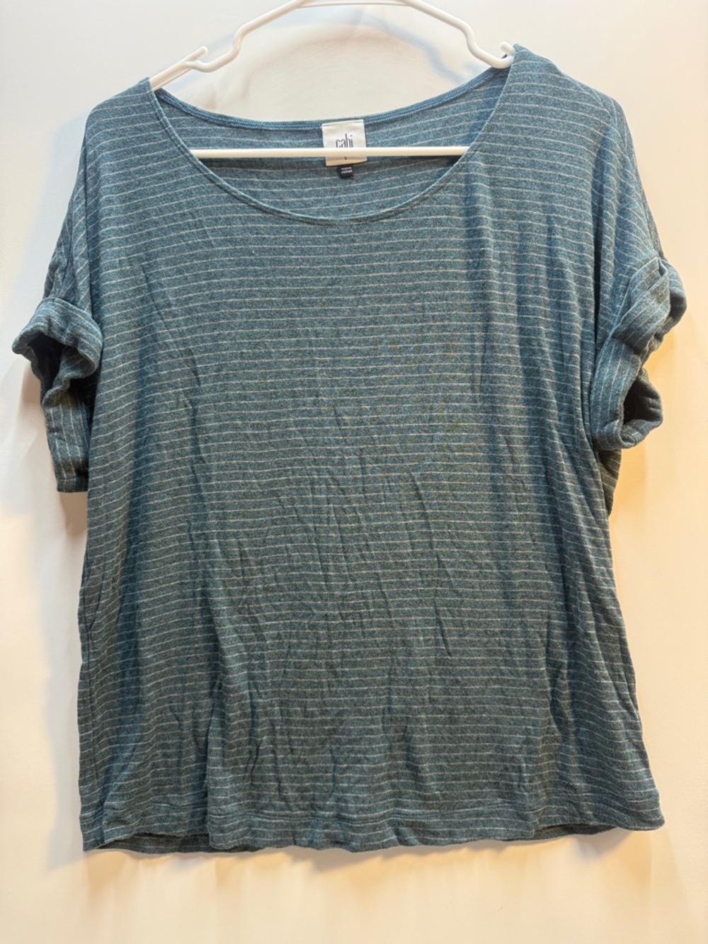 Cabi Teal-Green Striped Rolled Sleeve Scoop Neck Tee size SMALL